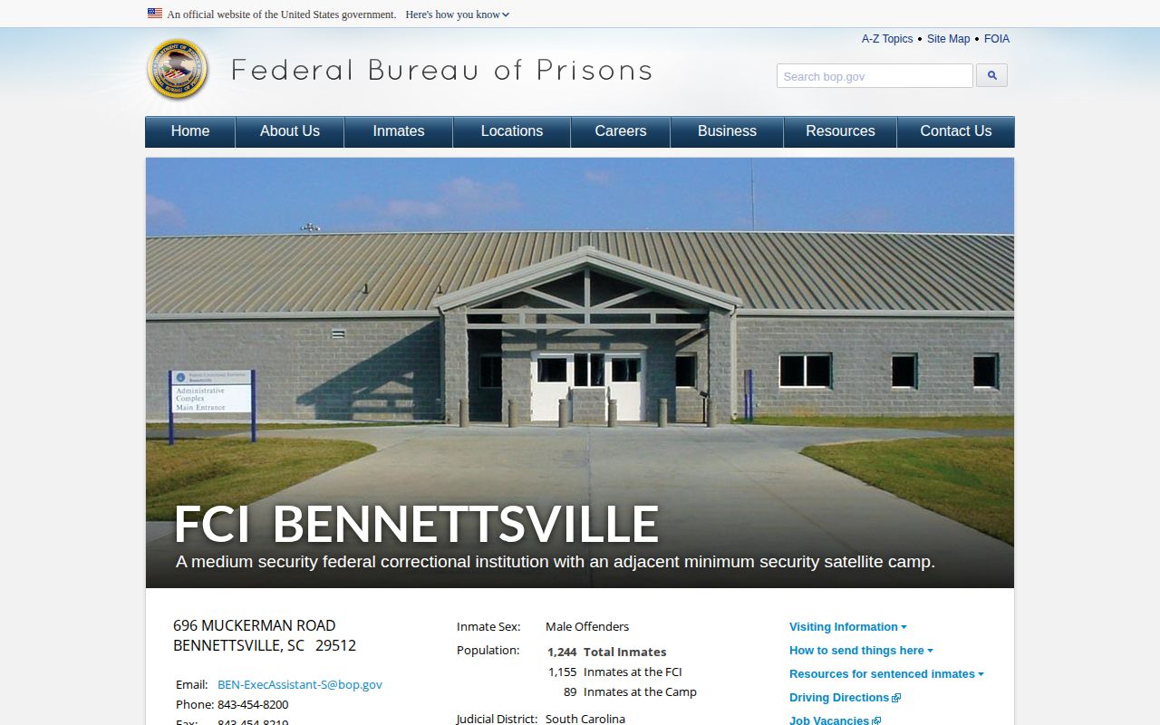 FCI Bennettsville federal facility and release contact information