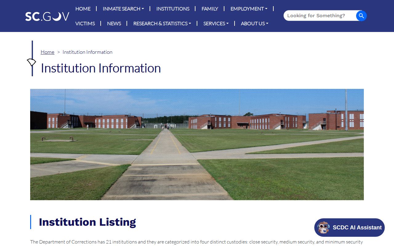 SCDC institution information showing Evans Correctional Institution