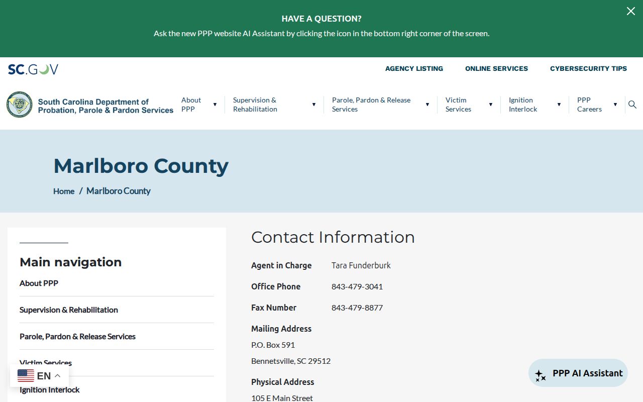 Marlboro County parole and probation office record page